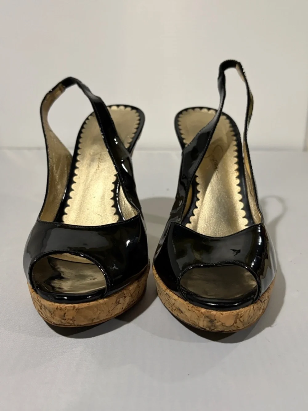 Jessica Simpson Black Patent Slingback Wedge Sandals with‎ Cork Platform